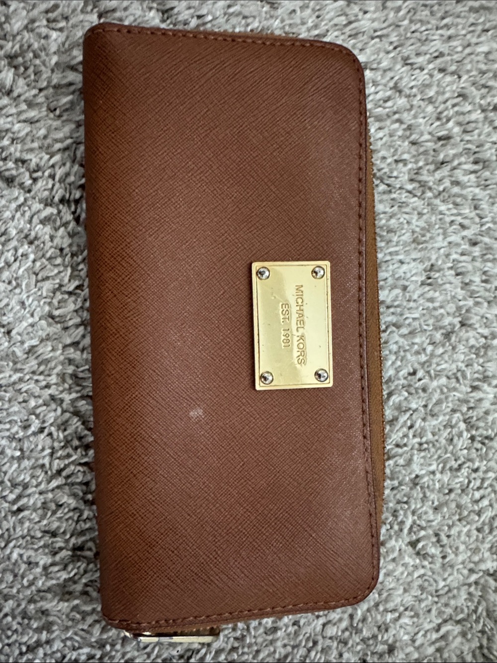 Michael Kors Cognac Leather Zip Wallet with Gold Plate